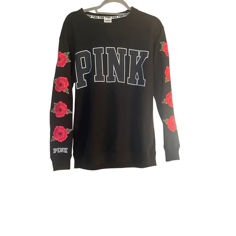PINK Victoria's Secret Embroidered Rose Sleeve Black Crew Womens size XS